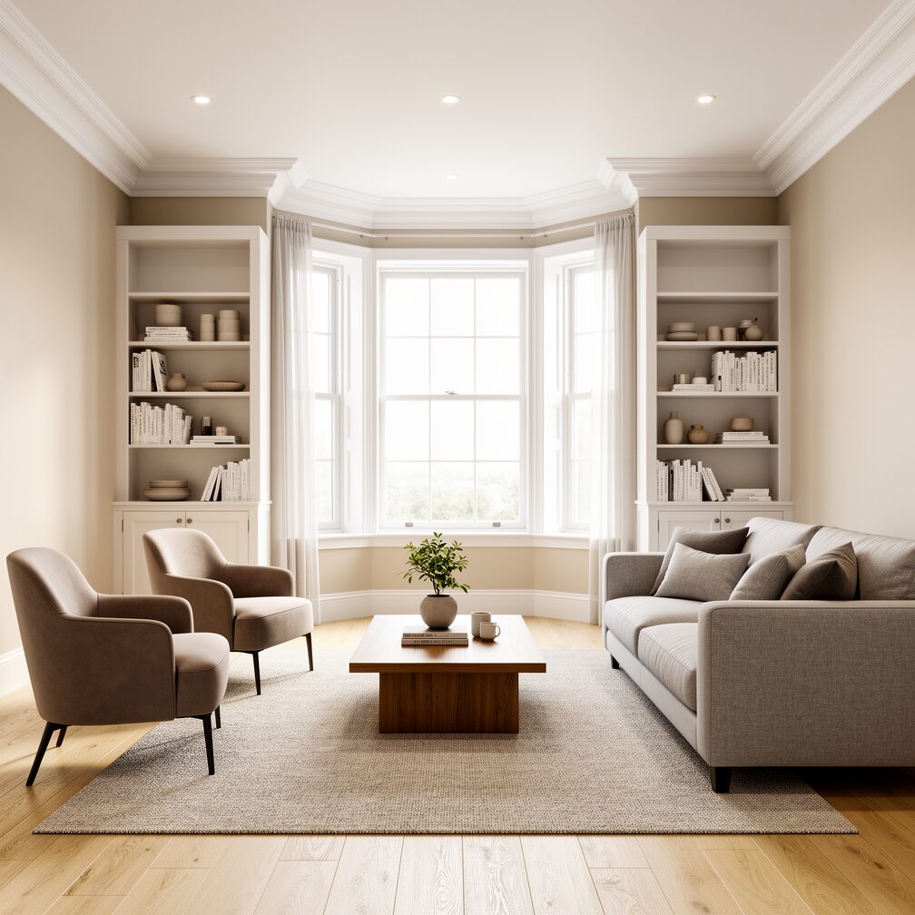Living room with crisp white coving
